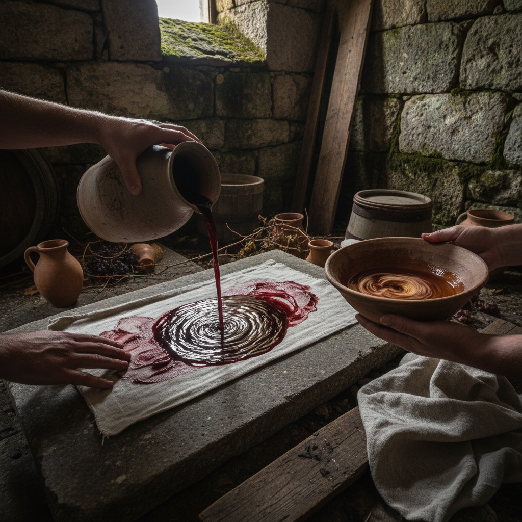 square format, artistic wine experience,
wine as pigment and texture,
stone cellar atmosphere, warm low light,
hands only, no faces,
natural materials, intimate mood,
authentic, imperfect
no wine tasting event, no smiling people, no bar atmosphere,
no commercial wine photography
