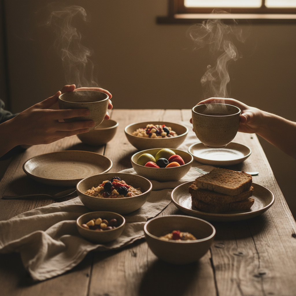 square format, calm mindful breakfast shared table,
simple homemade food, zen atmosphere,
natural wooden table, linen cloth, handmade ceramic bowls,
soft natural morning light,
warm muted tones, hands only, no faces, documentary editorial food photography,
authentic, imperfect, slow living
SUBJECT tea bowls, simple breakfast dishes, light steam, minimal arrangement
