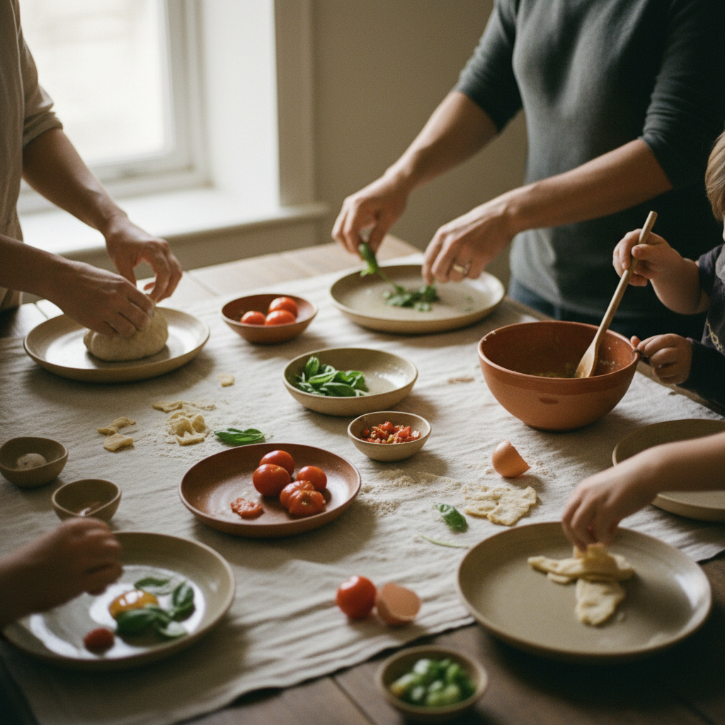 square format, creative cooking challenge,
shared rustic table, simple homemade food in progress,
adults or families present, no faces visible,
hands moving, ingredients being mixed, arranged or tested,
wooden table, linen cloth, handmade ceramics,
slightly dynamic moment, spontaneous gestures,
soft natural light,
warm muted tones,
documentary editorial food photography,
authentic, imperfect, playful energy