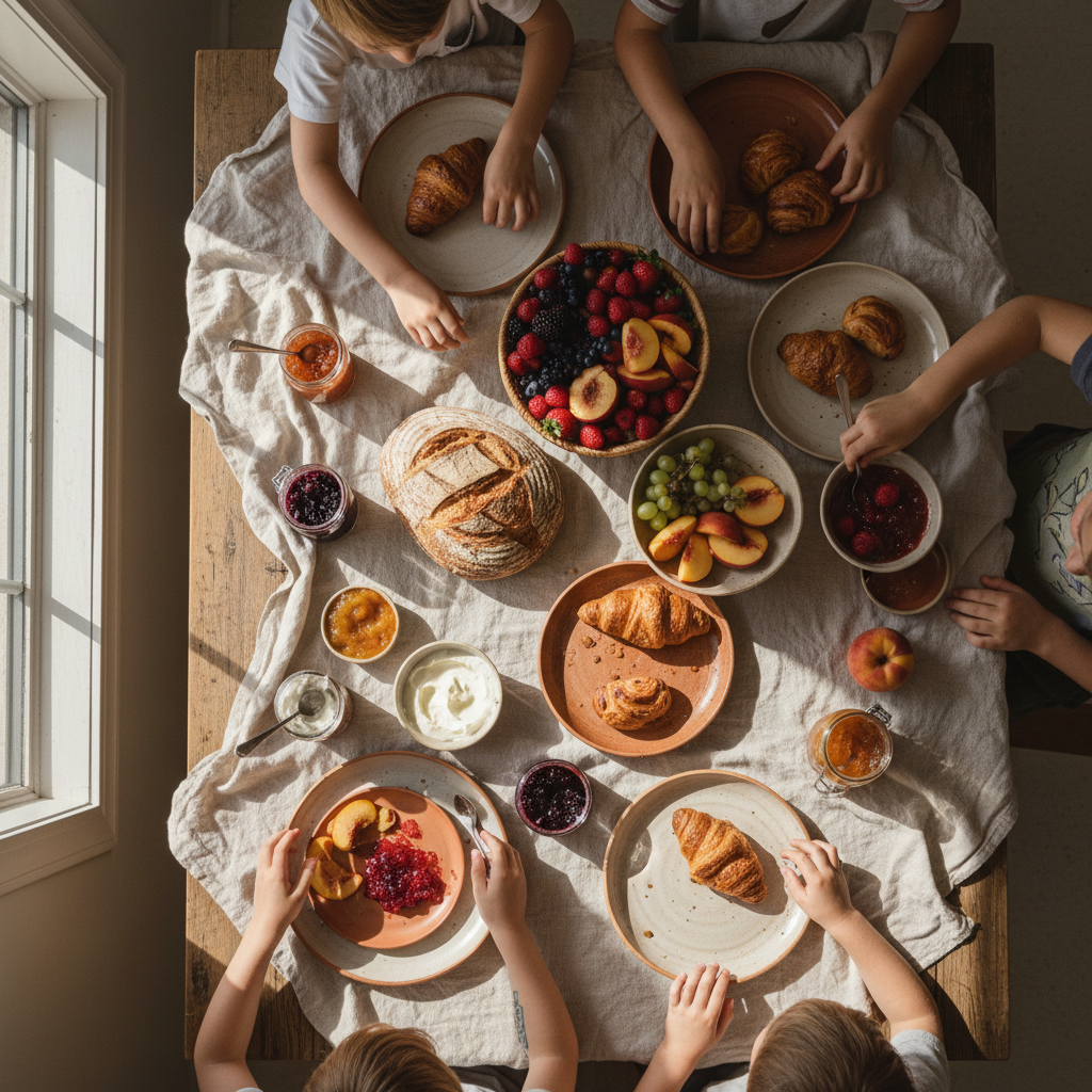 square format, creative family brunch,
shared rustic table, simple homemade food,
adults and children present, no faces visible,
hands arranging food together,
wooden table, linen cloth, handmade ceramics,
soft natural light,
warm muted tones,
documentary editorial food photography,
authentic, imperfect, joyful atmosphere