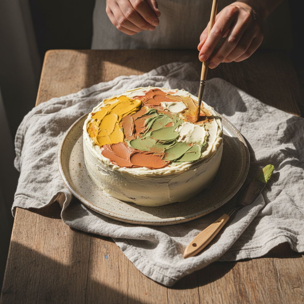 square format, edible art object inspired by a painter’s palette,
layered cake used as a canvas with natural food pigments,
rustic wooden table, linen cloth, handmade ceramic plate,
simple brush and palette knife with wooden handles,
soft natural window light,
warm muted earthy tones, slightly desaturated colors,
hands interacting, no faces,
editorial documentary food photography,
artistic, tactile, authentic, imperfect
