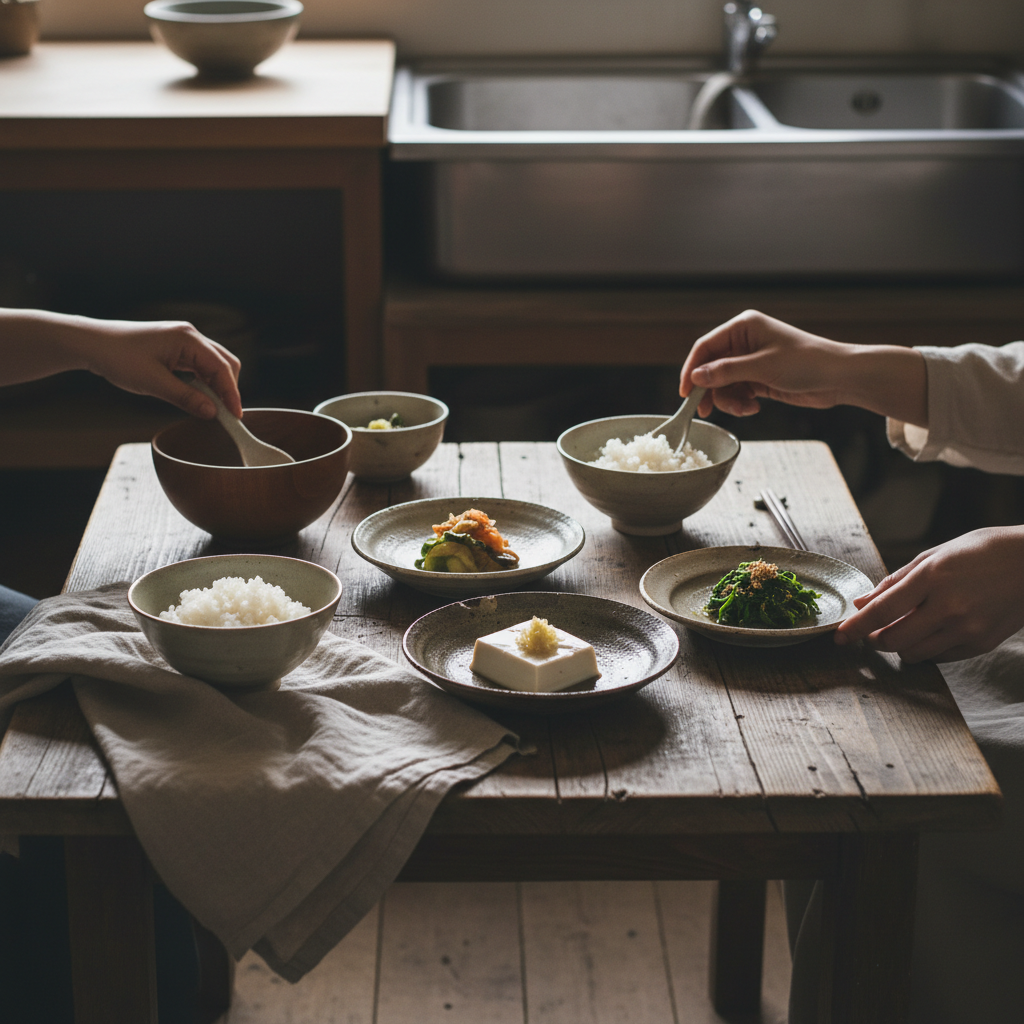 square format, rustic kitchen scene, simple and imperfect cooking,
natural materials visible: wooden table, linen cloth, handmade ceramics,
soft natural window light, cloudy day, muted colors,
hands only, no faces, no people visible,
editorial food photography style, documentary, authentic,
calm atmosphere, slow living, imperfect details,
SUBJECT
shojin ryori japanese temple cuisine, minimalist vegetarian dishes, zen table, natural textures, japanese aesthetic, square
