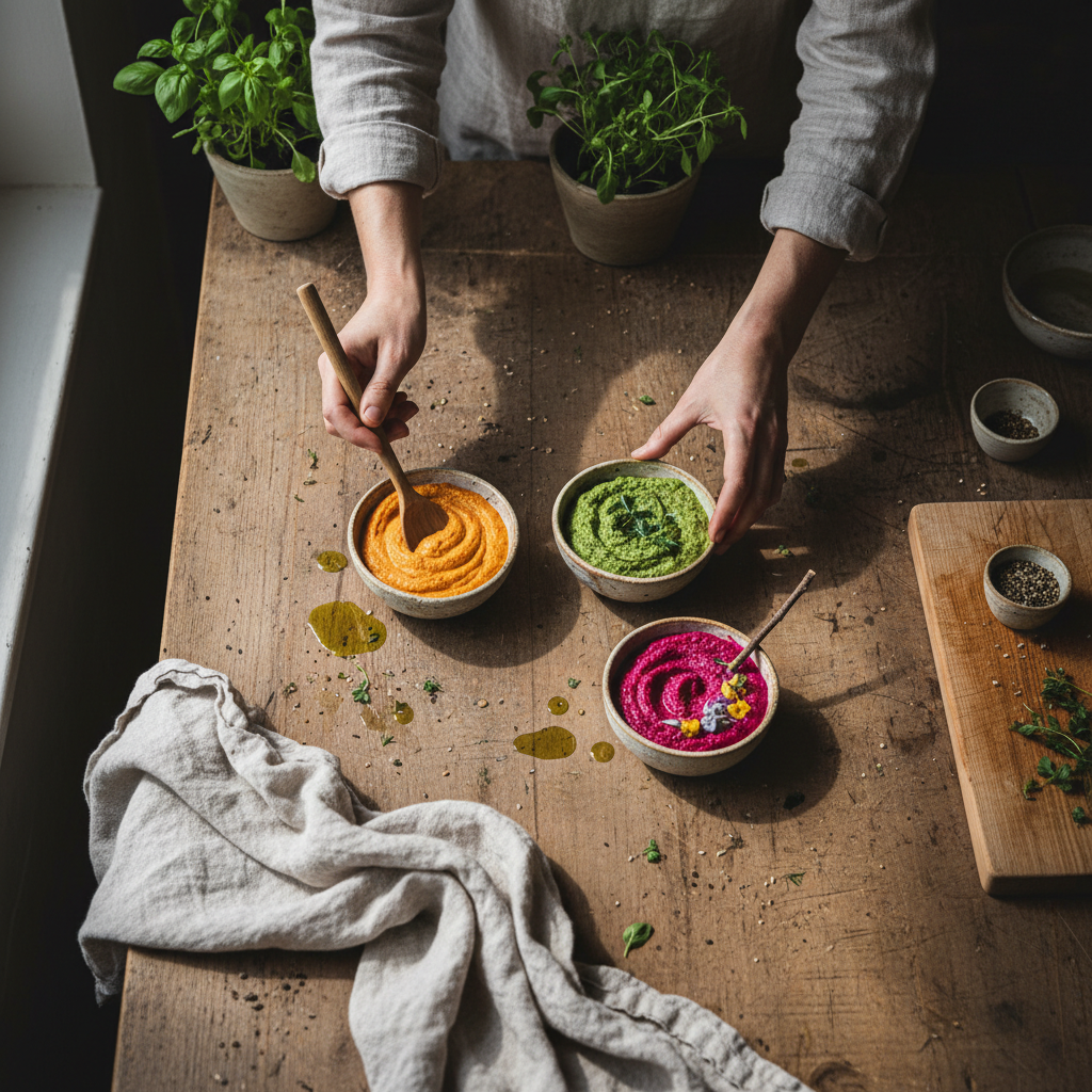 square format, rustic kitchen scene, simple and imperfect cooking,
natural materials visible: wooden table, linen cloth, handmade ceramics,
soft natural window light, muted colors,
hands only, no faces, no people visible,
editorial food photography style, documentary, authentic,
calm atmosphere, slow living, imperfect details,
SUBJECT
conscious cooking workshop, hands composing colorful dips, slow food, sensory experience, calm creative atmosphere, square