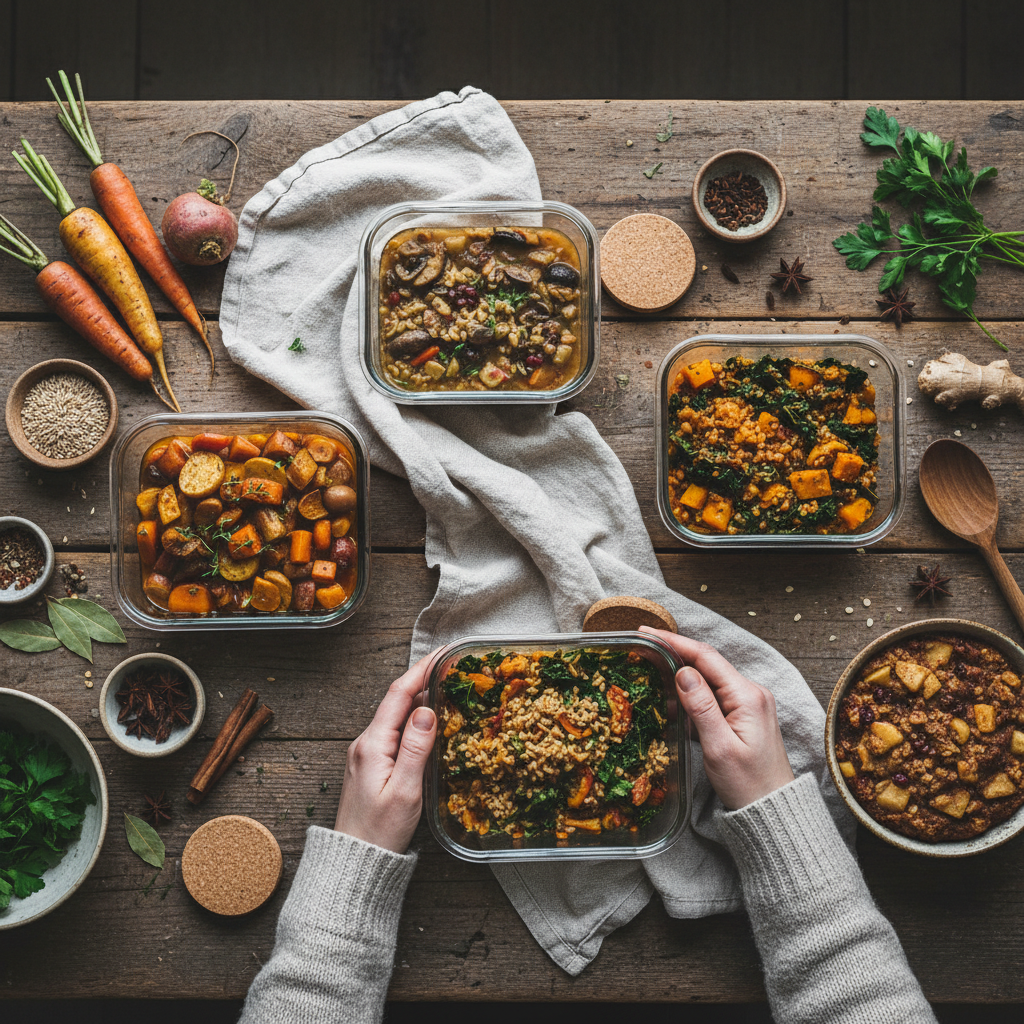 square format, rustic kitchen scene, simple and imperfect cooking,
natural materials visible: wooden table, linen cloth,
soft natural window light, cloudy day, muted colors,
hands only, no faces, no people visible,
editorial food photography style, documentary, authentic,
calm atmosphere, slow living, imperfect details,
SUBJECT
5 glass containers with homemade winter batch cooking dishes, meal prep, root vegetables, hearty grains and warm spices, seasonal meal prep in progress