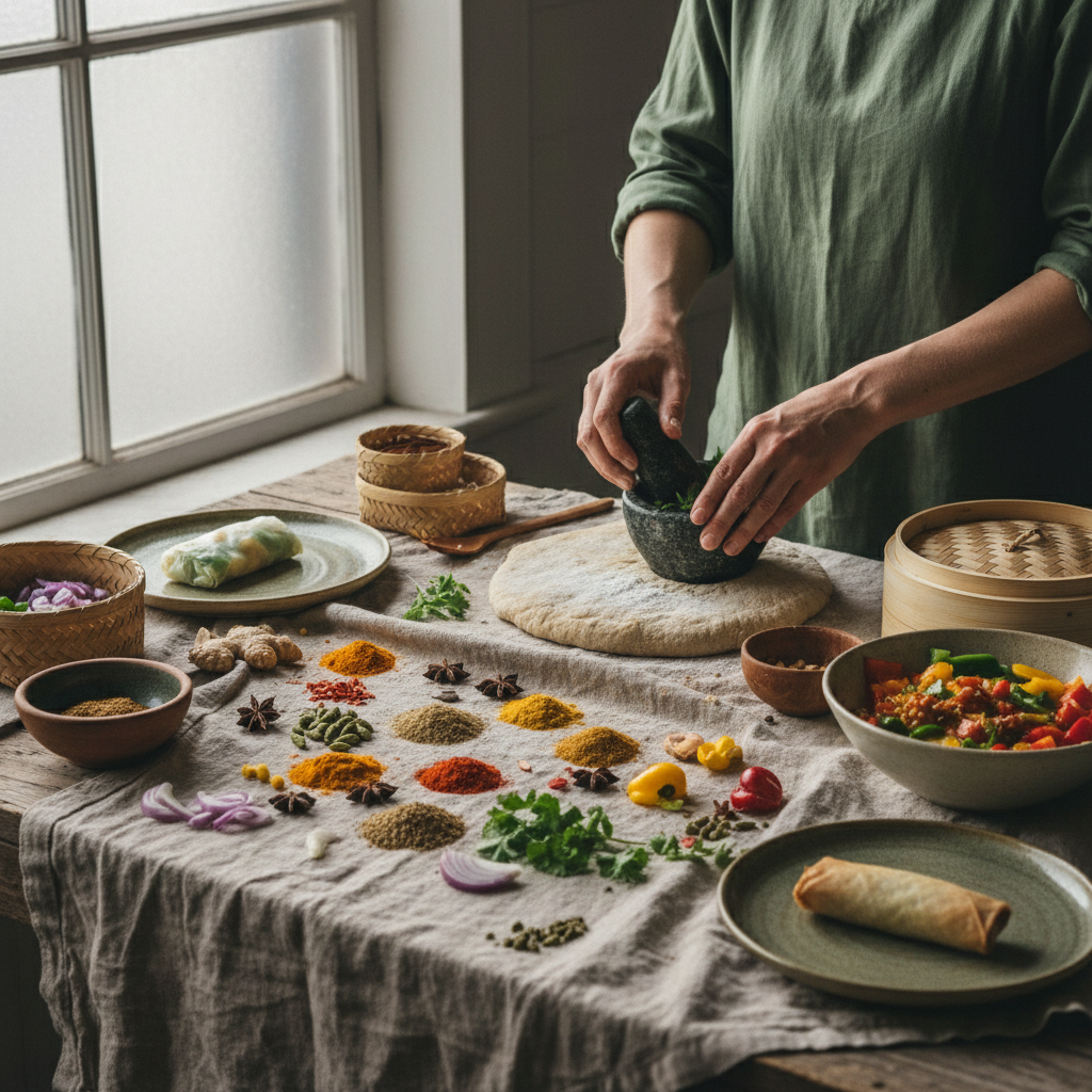 square format, rustic kitchen scene, simple and imperfect cooking,
natural materials visible: wooden table, linen cloth,
soft natural window light, cloudy day, muted colors,
hands only, no faces, no people visible,
editorial food photography style, documentary, authentic,
calm atmosphere, slow living, imperfect details,
SUBJECT
world cuisine cooking, spices from around the world, hands cooking exotic dishes, colorful ingredients, travel inspired food, natural light, square