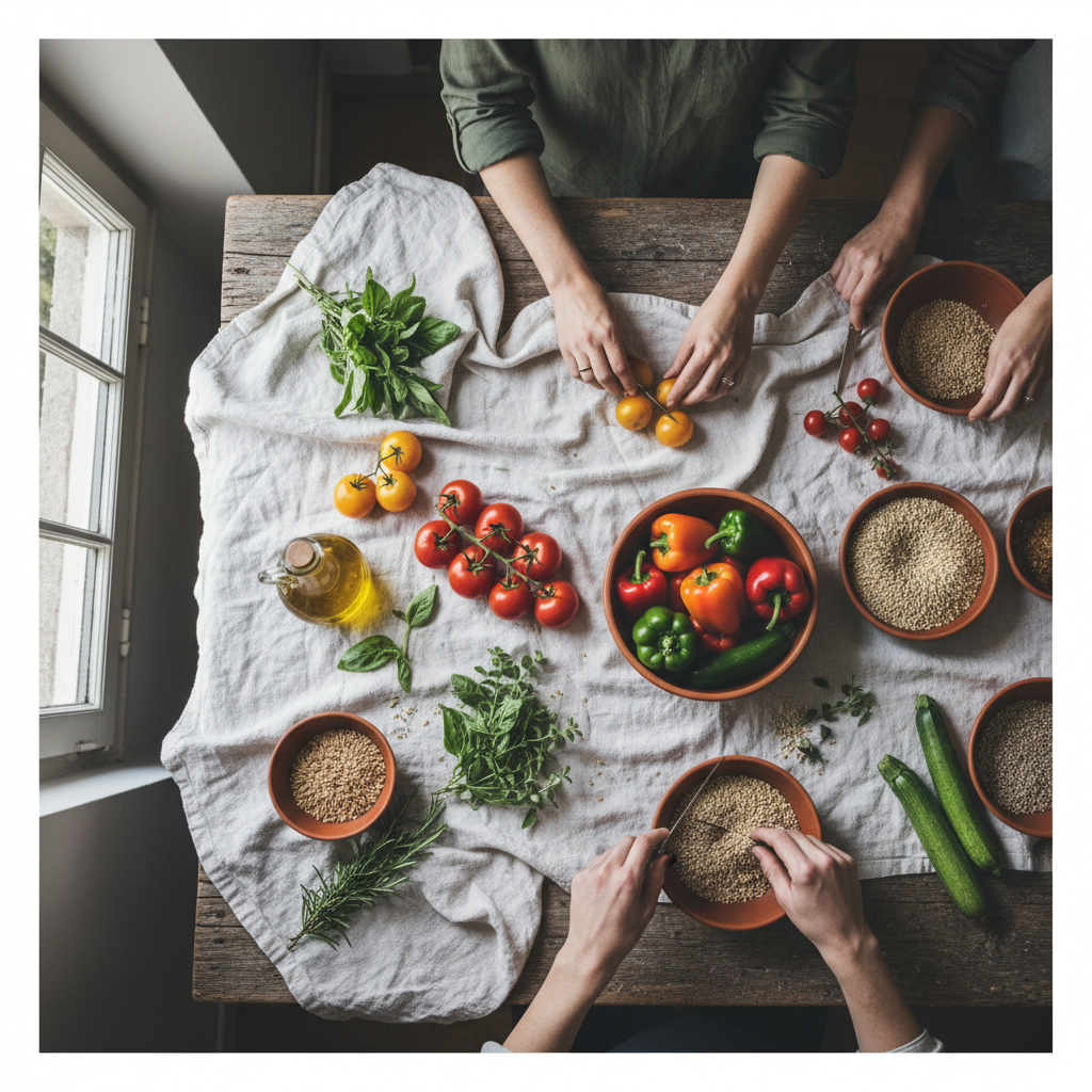 square format, rustic kitchen scene, simple and imperfect cooking,
natural materials visible: wooden table, linen cloth,
soft natural window light, cloudy day, muted colors,
hands only, no faces, no people visible,
editorial food photography style, documentary, authentic,
calm atmosphere, slow living, imperfect details,
SUBJECT
southern european cooking workshop, olive oil, tomatoes, vegetables, herbs and grains on a rustic table, hands preparing food and discovering ingredients
