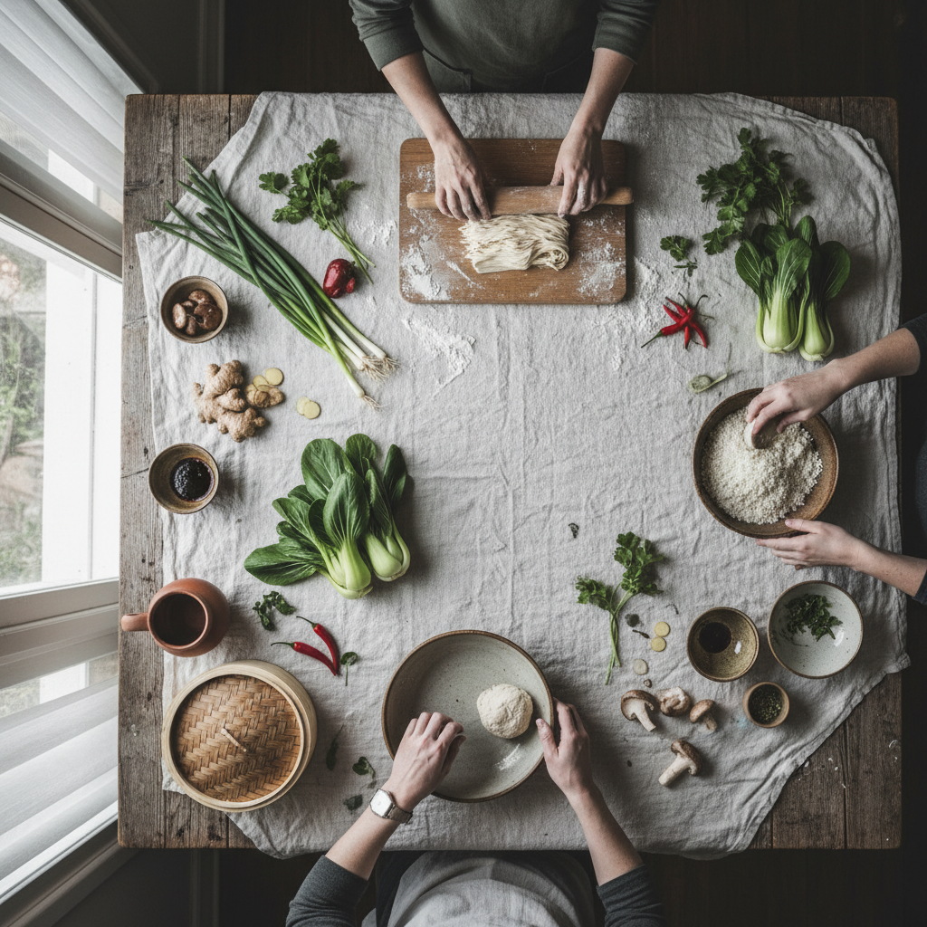 square format, rustic kitchen scene, simple and imperfect cooking,
natural materials visible: wooden table, linen cloth,
soft natural window light, cloudy day, muted colors,
hands only, no faces, no people visible,
editorial food photography style, documentary, authentic,
calm atmosphere, slow living, imperfect details,
SUBJECT
asian inspired cooking workshop, noodles, rice, seasonal vegetables and fresh herbs on a rustic table, hands preparing food and discovering ingredients