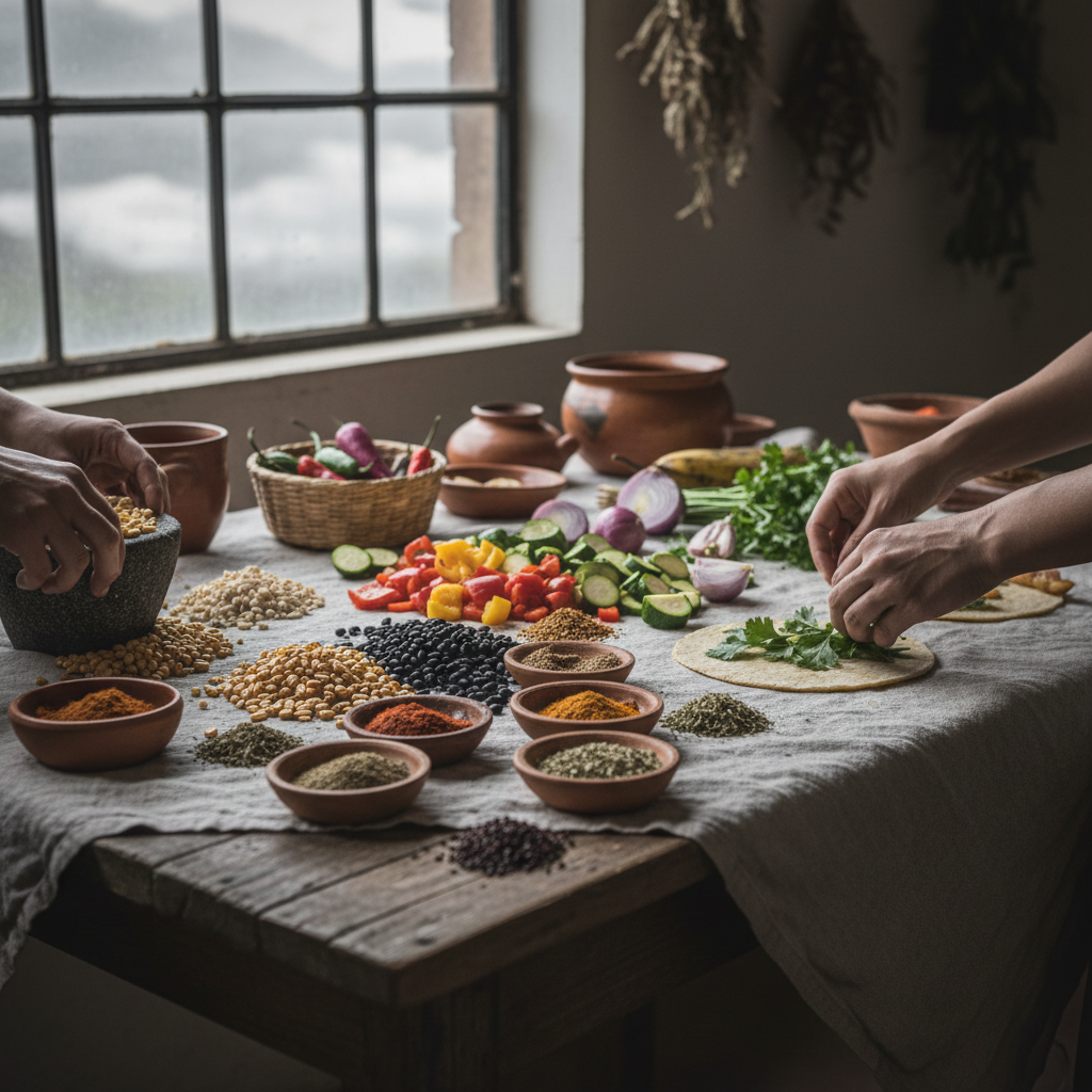 square format, rustic kitchen scene, simple and imperfect cooking,
natural materials visible: wooden table, linen cloth,
soft natural window light, cloudy day, muted colors,
hands only, no faces, no people visible,
editorial food photography style, documentary, authentic,
calm atmosphere, slow living, imperfect details,
SUBJECT
central american inspired cooking workshop, corn, beans, vegetables and spices on a rustic table, hands preparing food and discovering ingredients