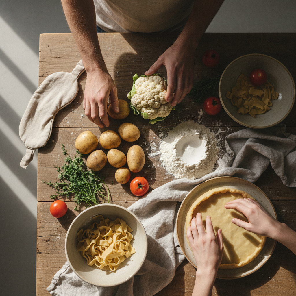 square format, sensory cooking experience,
blindfold on the table, hands touching ingredients,
simple homemade food in progress,
rustic wooden table, linen cloth, handmade ceramics,
soft natural light,
warm muted tones,
focus on touch and gesture,
documentary editorial food photography,
authentic, imperfect, slow living
