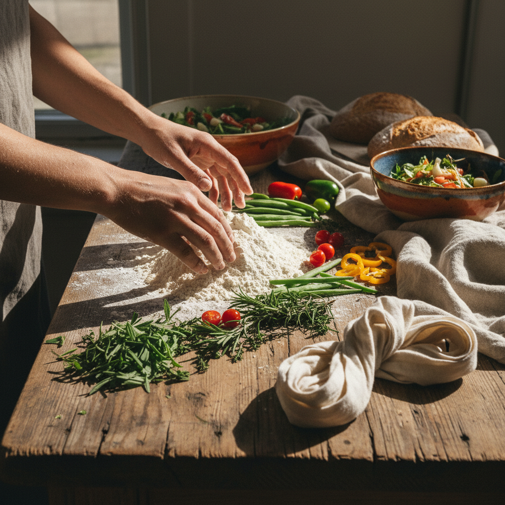 square format, sensory cooking experience,
blindfold on the table, hands touching ingredients,
simple homemade food in progress,
rustic wooden table, linen cloth, handmade ceramics,
soft natural light,
focus on touch and gesture,
documentary editorial food photography,
authentic, imperfect, slow living
